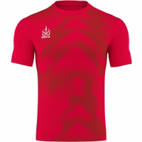 A red Omka sports jersey designed for volleyball and handball, featuring a sweat-absorbing fabric made from 100% polyester. The jersey has a short-sleeve design and a stylish striped pattern, making it a great fan article for sports enthusiasts.