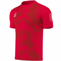 Side view of a red Omka sports jersey with a striped pattern. Made from 100% polyester, it features a round neck, short sleeves, and a breathable fabric. The jersey includes a pull-on closure and a double-layered design for extra durability.