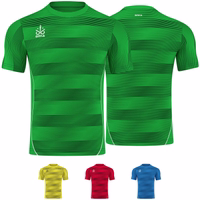 Front and back views of a green Omka sports jersey featuring a striped pattern. The jersey is durable, double-layered, and crafted from 100% polyester, making it ideal for football, volleyball, and handball.