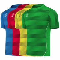 Omka football jersey featuring a vibrant striped pattern in yellow, red, blue, and green. This short-sleeve, breathable shirt is designed with a V-neck and double-layered fabric for enhanced comfort. Made from 100% polyester.