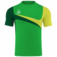 Front view of the Omka men's football jersey in vibrant green. This short-sleeve jersey is made from 100% durable polyester and features a sleek, digital print design. Ideal for sports enthusiasts looking for both style and performance.