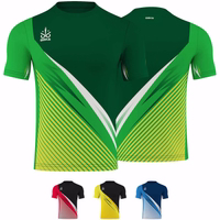 Front and back view of OMKA Team Sport Soccer Green Jersey showcasing breathable micro polyester fabric, round neck, short sleeves, and striped digital print design for professional athletes, buy online