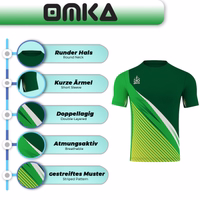 Features of OMKA Team Sport Soccer Green Jersey include breathable lightweight fabric, round neck, short sleeves, double sweat absorption, and striped digital design for durability, buy online