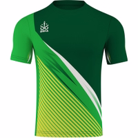 Front view of OMKA Team Sport Soccer Green Jersey highlighting lightweight athletic design, short sleeves, round neck, and striped digital print pattern built for comfort and performance, buy now