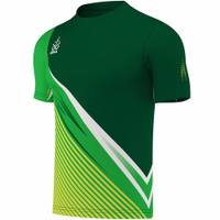 Side view of OMKA Team Sport Soccer Green Jersey featuring breathable fabric, double layered sweat absorption, athletic cut, and stylish striped digital print for team sports players, get now