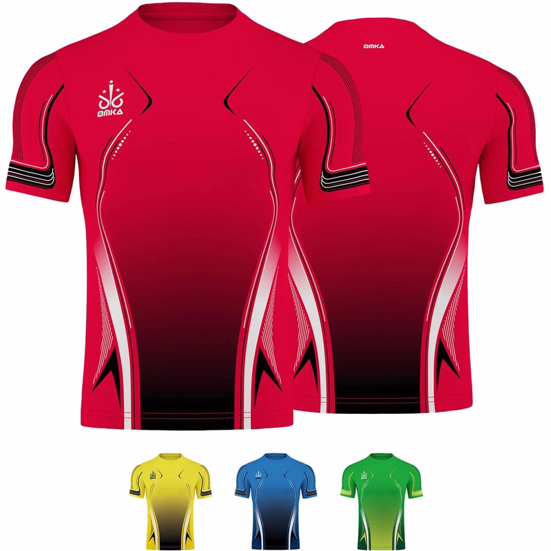 OMKA Jersey Teamsport Teamwear Red sports jersey shown from front and back views. Short sleeves, round neck, 100% polyester, double-layered, and breathable. Ideal for handball, field hockey, rugby, and basketball. Designed for comfort and performance.