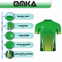 A men's green Omka sport jersey featuring a round neck, short sleeves, and a durable, double-layered construction. The jersey boasts a breathable design with a striped pattern for added style and ventilation.