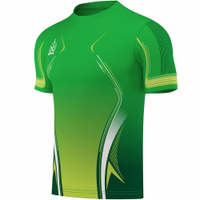 Side view of an Omka sport jersey featuring short sleeves. The chest prominently displays the Omka logo. This elegant and premium product is crafted from 100% polyester, designed to be sweat-absorbing for enhanced comfort.