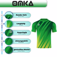 Features show of OMKA Team Sport Soccer Green Jersey highlighting round neck breathable double layered micro polyester for enhanced comfort performance and durability get now