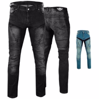 Erleben Sie ultimativen Schutz mit den schwarzen BULLDT Motorrad-Denim-Jeans – Vorder- und Rückansicht. Hergestellt aus 100 % Baumwolle mit abnehmbaren Aramid-Protektoren, bieten die Jeans Stil und Sicherheit. Weltweite kostenlose Rückgabe inklusive.