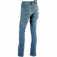 Rückansicht der blauen, klassischen Premium BULLDT Motorrad-Jeans aus Denim. Mit Schnürung für Gürtel. Jetzt online kaufen – Premiumprodukt, sofort lieferbar & weltweiter kostenloser Rückversand.