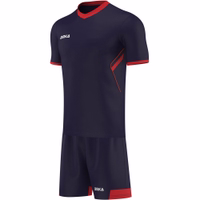 OMKA navy blue and red jersey with shorts set front view. High-quality breathable polyester teamwear kit for soccer, volleyball, rugby, and running.