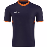 OMKA Sporttrikot in Marineblau und Orange, Vorderansicht. Atmungsaktives Polyester mit doppelter Schweißabsorption, entwickelt für Mannschaftssportarten und Fitness für Männer.