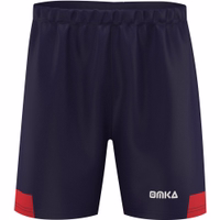 OMKA navy blue and red shorts front view. Premium polyester shorts with breathable fabric. Perfect match for jersey sets in soccer, running, and fitness.