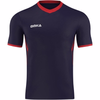 OMKA Men's Jersey Set, Size 6, 2-Piece Teamwear (Jersey + Shorts) OMKA navy blue and red sports jersey front view. Breathable micro polyester with sweat-absorbing double layer. Ideal for soccer teamwear and fitness training.