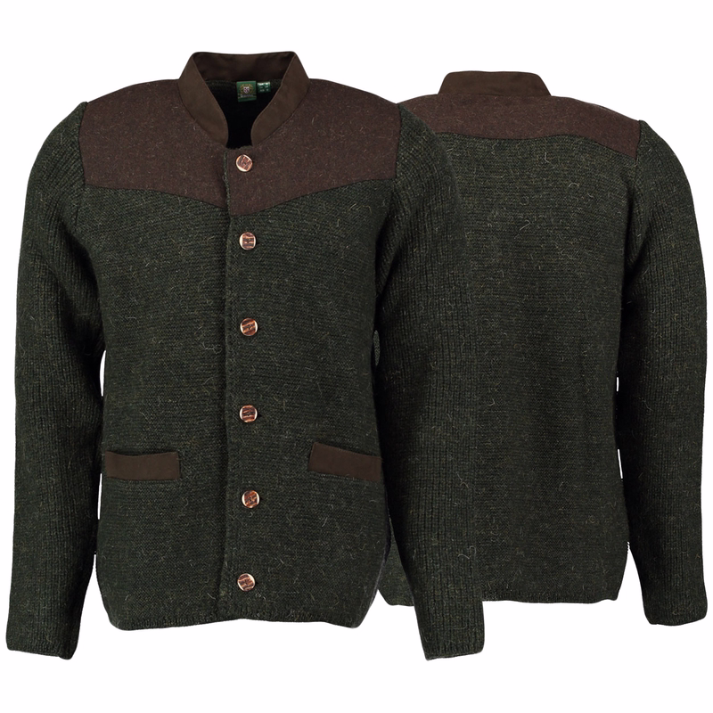 Herrenstrickjacke Jagd Trachten Schurwolle Strick Pullover Troyer Weste Oliv