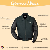 Herren-Motorrad-Collegejacke in Grün, Frontansicht. Außen aus 100 % Acryl, innen gesteppte Polyesterfüllung. Mit elastischem Bund und Bündchen aus Elasthan für optimale Bewegungsfreiheit.