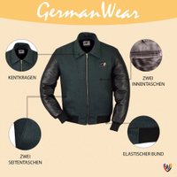 Herren-Motorrad-Collegejacke in Grün, Frontansicht. Aus 100 % Acryl außen und gestepptem Polyesterfutter innen. Mit elastischem Bund und elastischen Bündchen für mehr Flexibilität.