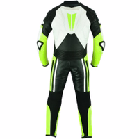 Rückansicht des einteiligen gelben Motorrad Lederanzugs mit Rückenwölbung, Modell BULLDT GW412K-F, garantiert hohe Sichtbarkeit durch fluoreszierendes Material Das winddichte Design sorgt für klare Sichtbarkeit auf der Straße Kostenlose Lieferung