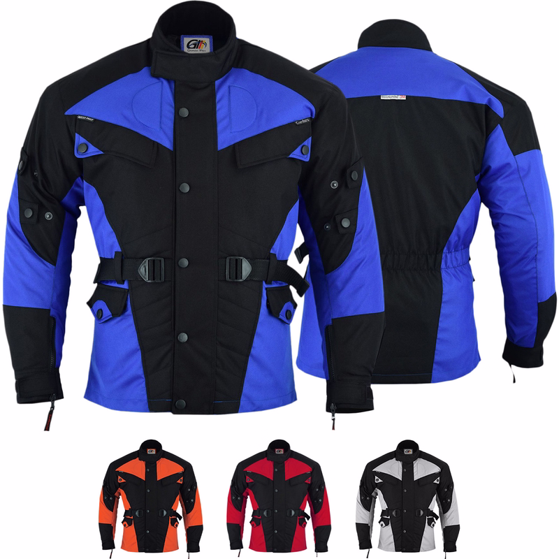 Cordura Textile Motorcycle jacket Water resistant Cordura men's motorcycle jacket in grey showcases both front &rear views. It is equipped with protectors for arms, chest, shoulders, elbows, &back. Additionally, it features 2inner pockets closed by a zipper and is available in three additional colors.