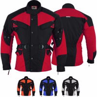 Cordura-Herren-Motorradjacke in Rot, Vorder- und Rückansicht. Mit Protektoren für Arme, Brust, Schultern, Ellbogen und Rücken. Zwei Innentaschen mit Reißverschluss. Erhältlich in drei weiteren Farben.