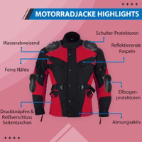 Motorradjacke in Rot, Vorderansicht. Mit Reiß- und Knopfverschluss, Protektoren für Schultern, Ellbogen, Arme, Brust und Rücken. Reflektierende Paspel, feine Nähte, atmungsaktives Gewebe und verstellbare Klettverschlüsse.