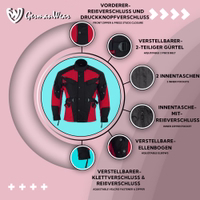 Rote Herren-Motorradjacke aus Polyester mit Polyesterfutter. Zahlreiche Protektoren, verstellbare Ellbogen, Ärmel mit Reiß- und Klettverschluss. Front mit Reiß- und Druckknopfverschluss, zwei Innentaschen, verstellbarer zweiteiliger Gürtel, Innentasche mit