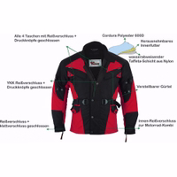 Herren-Motorradjacke in Rot, Vorderansicht. Zahlreiche Protektoren, Reiß- und Knopfverschlüsse, wasserdichte Schichten, YKK-Reißverschluss + Druckknöpfe, verstellbarer Gürtel, Reiß- & Klettverschluss, Innentasche für Motorradanzug. Alle 4 Taschen mit Druck