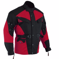 Cordura-Herren-Motorradjacke in Rot, Vorder- und Seitenansicht. Mit Protektoren für Arme, Brust, Schultern, Ellbogen und Rücken. Verstellbare Ellbogen mit zweistufigem Druckknopfsystem. Ärmel können leicht für Handschuhe geöffnet werden.