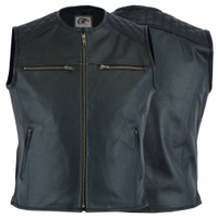Motorrad-Lederweste mit Vorder- und Rückansicht. Gefertigt aus echtem Rindsleder, vereint sie Stil und Funktionalität. Ausgestattet mit vier Fronttaschen und einem durchgehenden Reißverschluss vorne. Entworfen von German Wear, erhältlich mit kostenlosem Ve