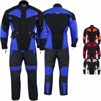 Motorcycle 2-piece Combi-Set. Complete with several protectors. Reflective piping enhances visibility. Adjustable cuffs, waist belt,& elbow press studs. Zipper& snap button closures for convenience. Breathable fabric with stretchy thighs for comfort