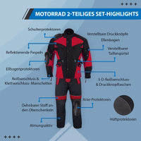 Entdecken Sie überlegenen Schutz mit dem roten 2-teiligen Motorrad-Kombiset. Wind- und wasserabweisendes Material, Frontreißverschluss mit Druckknopf, dehnbare Taille, Reißverschlüsse und Klett für Stiefel, Oberschenkeltaschen mit Klettverschluss.