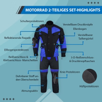 Discover superior protection with Motorcycle blue 2-piece Combi-Set. Windproof, water-repellent fabric. Front zipper, snap button closure. Stretchy waist. Zippers, Velcro for boots. Velcro thigh pockets for storage