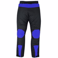 Conquer the road with Cordura Motorcycle Trousers in rear-view. Reflective 3M Scotch lite stripes on knees enhance visibility, keeping you safe during nighttime rides. Jacket is a motorbike combination with a zip