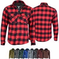 Vorder- und Rückansicht des BULLDT Motorradshirts im Lumberjack-Look. Mit Aramidfasern, abnehmbaren Protektoren und DuPont™ Kevlar®-Futter. Erhältlich in Rot, Blau, Schwarz und Grau. Kostenloser Versand am nächsten Tag. Bietet Schutz vor Wind.