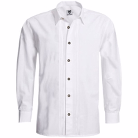 Front view of a white Bavarian shirt with long sleeves, 2x5 pintucks, and a button closure. Made from 100% soft cotton, this traditional leisure shirt features head cuffs and complements classic lederhosen for authentic German style.