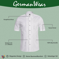 A classic white shirt featuring a stand-up collar and button closure, accented with decorative piping. Made from 100% cotton with short sleeves for a crisp, comfortable look.