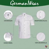 Men's traditional white shirt featuring a stand-up collar and short sleeves. Made from 100% breathable cotton, it has decorative tucks for added style and a front button closure for easy wear.