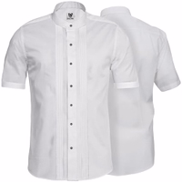 Front & Rear view of White short-sleeved shirt with a stand-up collar, featuring front pleats and contrasting black buttons, perfect for traditional Trachten wear and versatile for casual and formal settings.