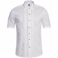 "Front view of Traditional white shirt with a high quality fabric, boasting front pleats and accented with sleek black buttons, ideal for classic Trachten attire and adaptable for both casual and formal occasions.  "