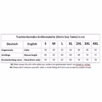 The men's traditional white shirt features a detailed size chart table, offering sizes suitable for all.