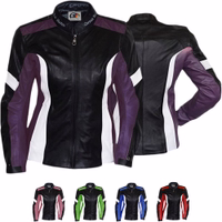 Women's motorcycle jacket in purple both front &rear views, equipped with shoulder, arm, elbow, &back protectors. Additionally, it features 2 front pockets with hidden zips &one inside pocket. This jacket is also available in 4 additional underlying colors
