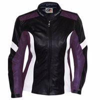 Ladies' purple motorcycle leather jacket crafted from fine cowhide, not split leather. Featuring Removable quilted lining & Secure zipper closure, numerous protectors,& stand-up collar for added style and safety