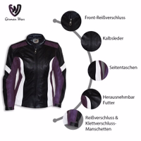 Front view of the women's purple motorcycle jacket, meticulously crafted from leather fabric with a polyester inner lining. Equipped with protectors and cuffs featuring zipper closures. Resistant to slipping accidents.