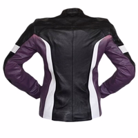 Rear view of the women's purple motorcycle combi jacket, featuring arm, shoulder, elbow, and back protectors. Sleeves are zippered for glove convenience.