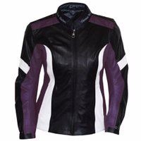 Women's purple motorcycle jacket, front view. Features secure zipper and Velcro closures, plus protective padding on the shoulders, arms, elbows, and back. Designed for breathability, with two front pockets and one interior pocket for convenience.