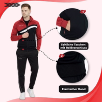 Red men's training jacket with side zippered pockets and elastic hem