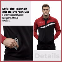 Red men's training jacket with two side zippered pockets