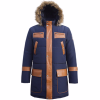 Men down jacket leather jacket with sewn on leather stripes The Rear view of the Men's Winter Jacket combines polyester and leather for a sleek look. Features include a detachable faux fur hood, horn buttons, and secure inner pockets. Designed by German Wear, this jacket offers both style and functionality.