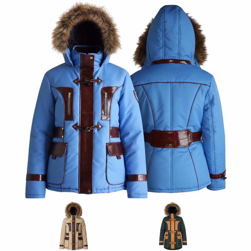 Women's jacket jacket with sewn-on leather strips winter jacket Front & rear view of Ladies Polyester Jacket Orange black, featuring lambskin leather stripes. This comfortable and practical jacket by German Wear includes extra shoulder padding and multiple pockets. Free next-day delivery.